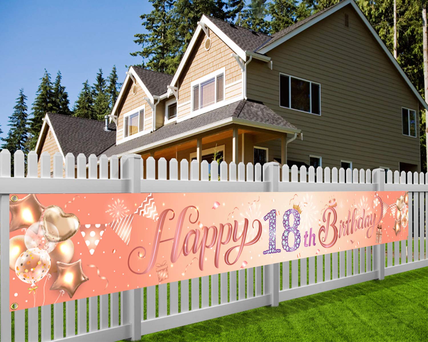 HOWAF Super Large Happy 18th Birthday Banner for Girl 18th Birthday Party Decoration Rose Gold, Girl 18th Birthday Photo Booth Backdrop Background Banner for Garden Table Wall Decoration, 9*1.2 Feet