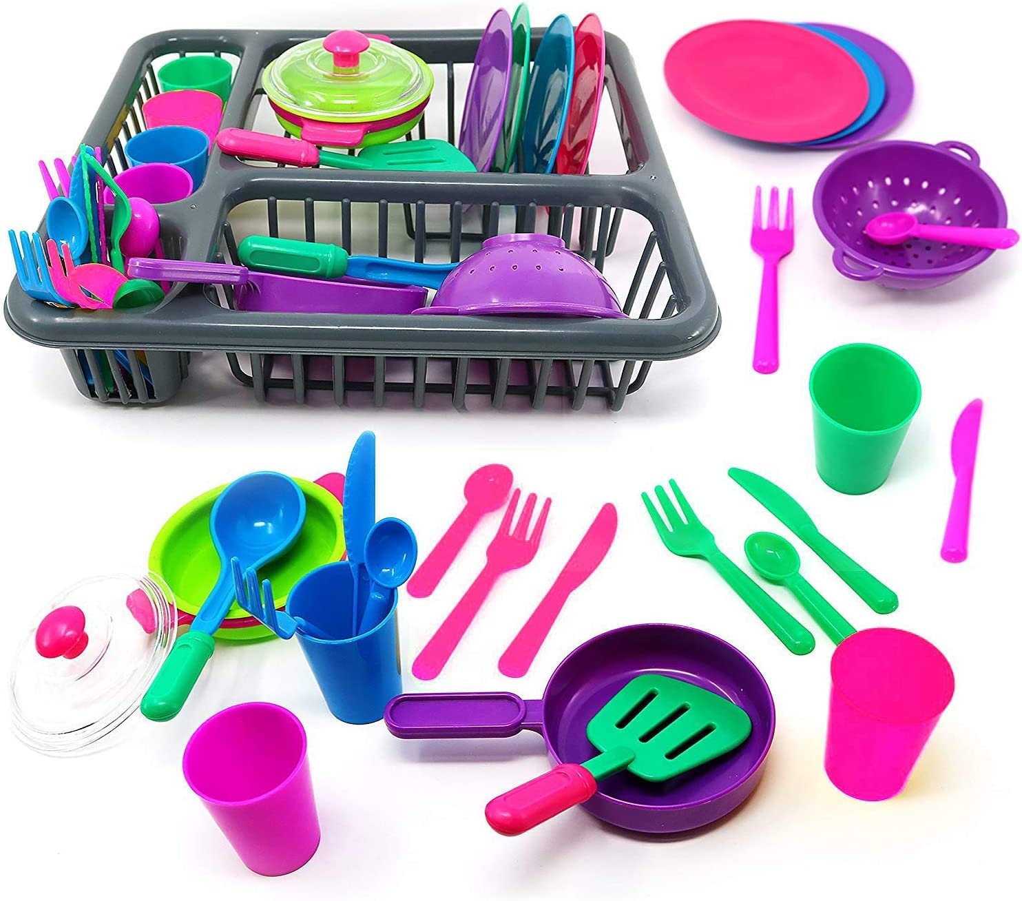 The Magic Toy Shop 27-Piece Kids Washing Up Set - Educational Pretend Cooking, Dish Drainer, Plates, Cutlery, Pot & Pan - Toy Kitchen Accessories for Role Play, Learning Life Skills, Ages 3+