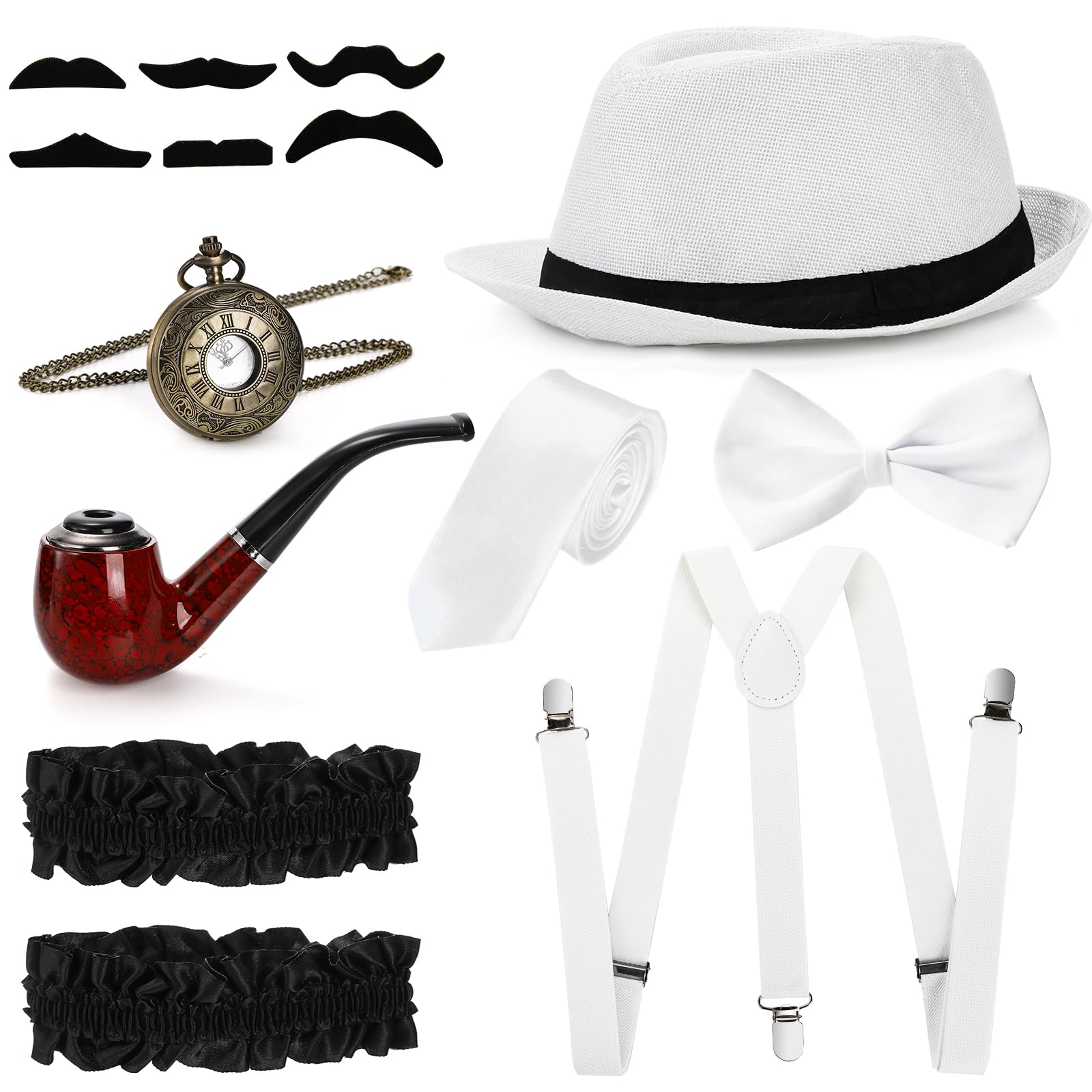 Photo 1 of (incomplete) Noamus 14 Pcs 1920s Accessories for Men, Roaring Retro Men Costume Set, Gangster Panama Hat