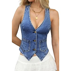 ELLEVEN Women's Denim Vest Sleeveless Jean Vest Top with Pockets | V-Neck Spaghetti Strap Cropped Denim Top, High Stretch But