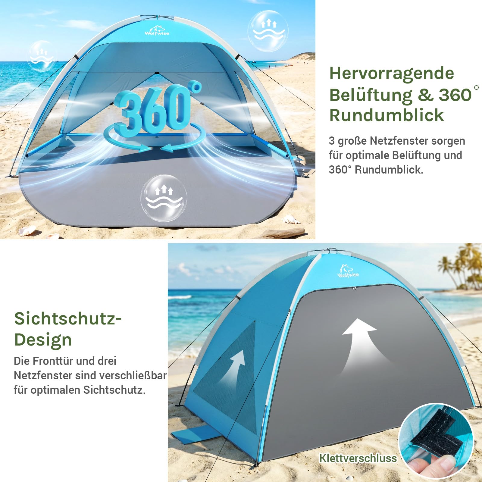 Wolfwise Strandmuschel UV Schutz, 3 Belüftungsfenster & Tragetasche, Strand Zelt mit erweiterbarem Boden für Privatsphäre, 4 Personen, 240x165x140cm(95 ''x65''x55''), Blau 4