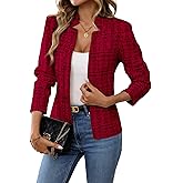 ELLEVEN Womens' Tweed Open Front Blazer Long Sleeve Jacket Notch Collar Fully Lined Casual Business Work Office Coat