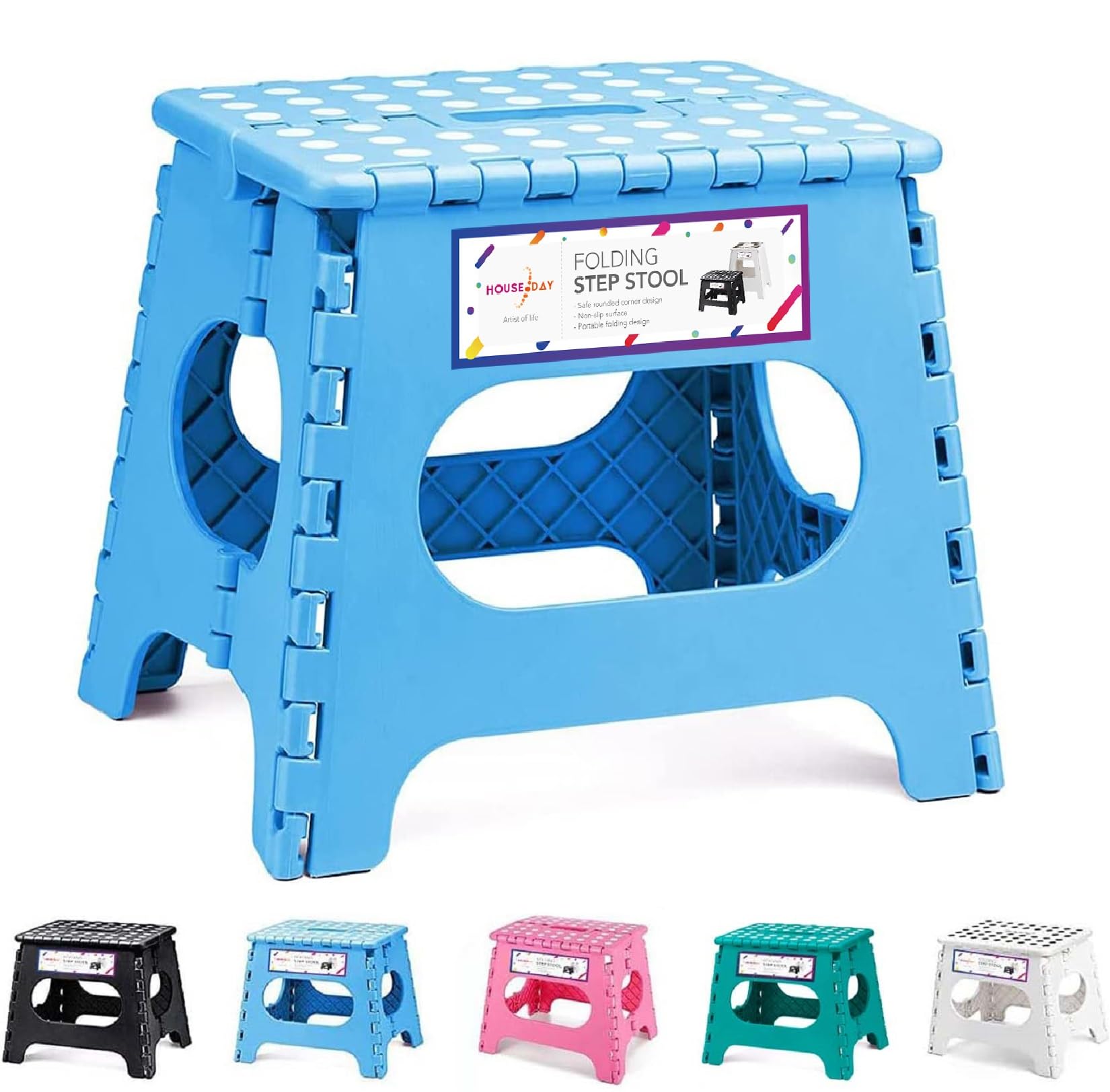 HOUSE DAY Folding Stool 28 cm, Lightweight, Strong and Safe, Easy to Open with Flap, Ideal for Kitchen, Bathroom, Bedroom, Light Blue