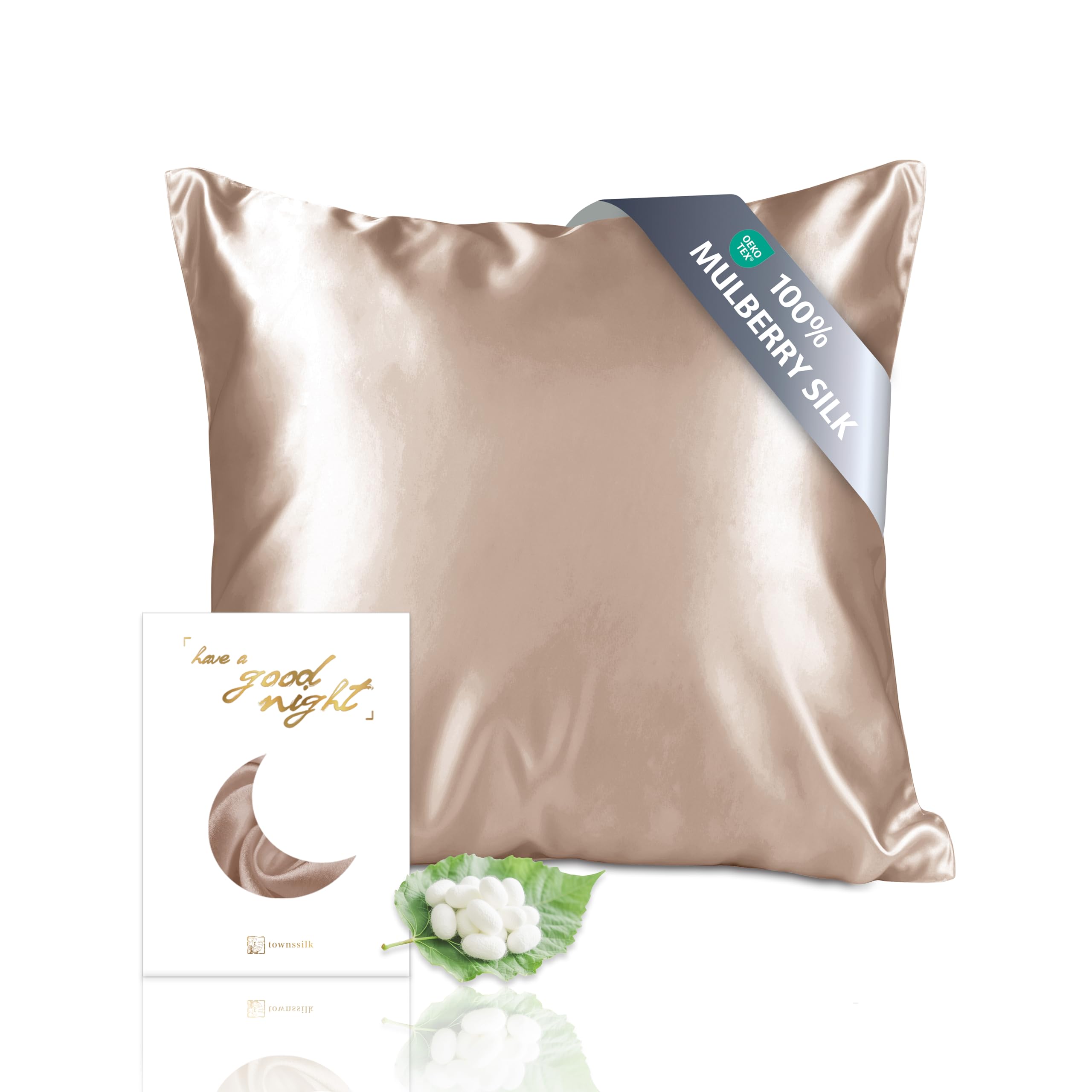 townssilk Silk pillowcase, 100% natural mulberry 19 momme, two sides in silk, Oeko-TEX certified, hair and skin benefits, hypoallergenic, anti-aging, 1 piece, 40 x 40 cm, light bronze