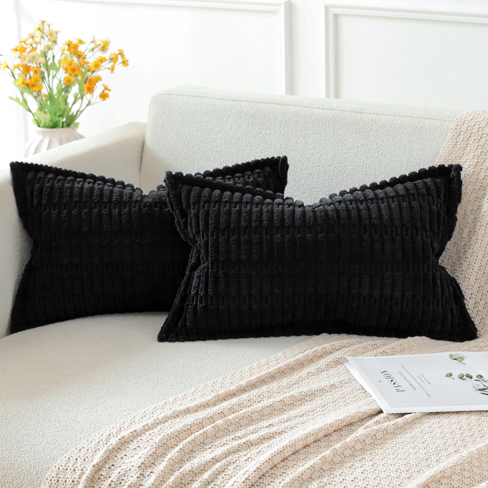 Artscope Black Cushion Covers Set of 2 Corduroy Decorative Square Striped Pillowcase with Stitched Edge Pillow Covers 40x60cm for Home Decor Sofa Bedroom Car