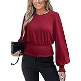 CUPSHE Women's Crew Neck Frill Shirred Lantern Long Sleeve Blouse Office Shirt Work Top