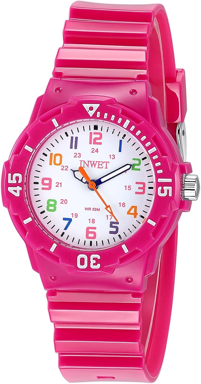 Kinder Armbanduhr,Weiß Zifferblatt mit Bunt Nummern,Rose Armbanduhr für ...