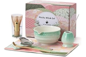 Matcha Tea Set, 8 Pcs Japanese Matcha Kit with Cherry Blossom and Wave Design Ceramic Bowl, Bamboo Whisk, Whisk Holder, Scoop