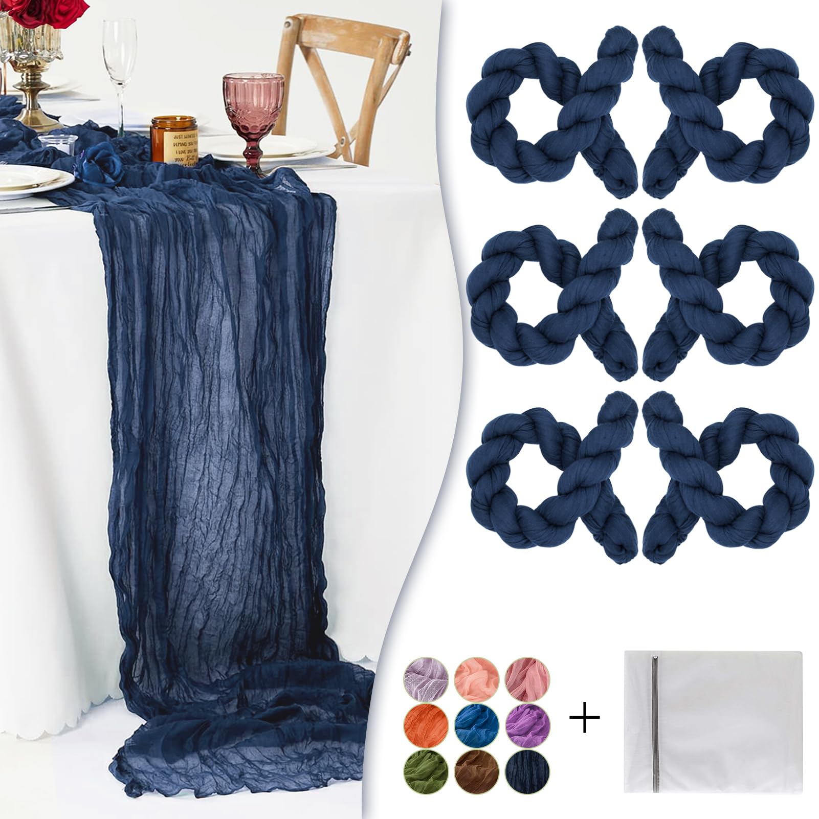 Waligoy Navy Blue Cheesecloth Table Runner 6 Pack 35" Boho Gauze Runner 120 inches Long Runner Rustic Sheer Fabric Bulk for Baby Shower Wedding Bridal Birthday Party Table Decorations Image
