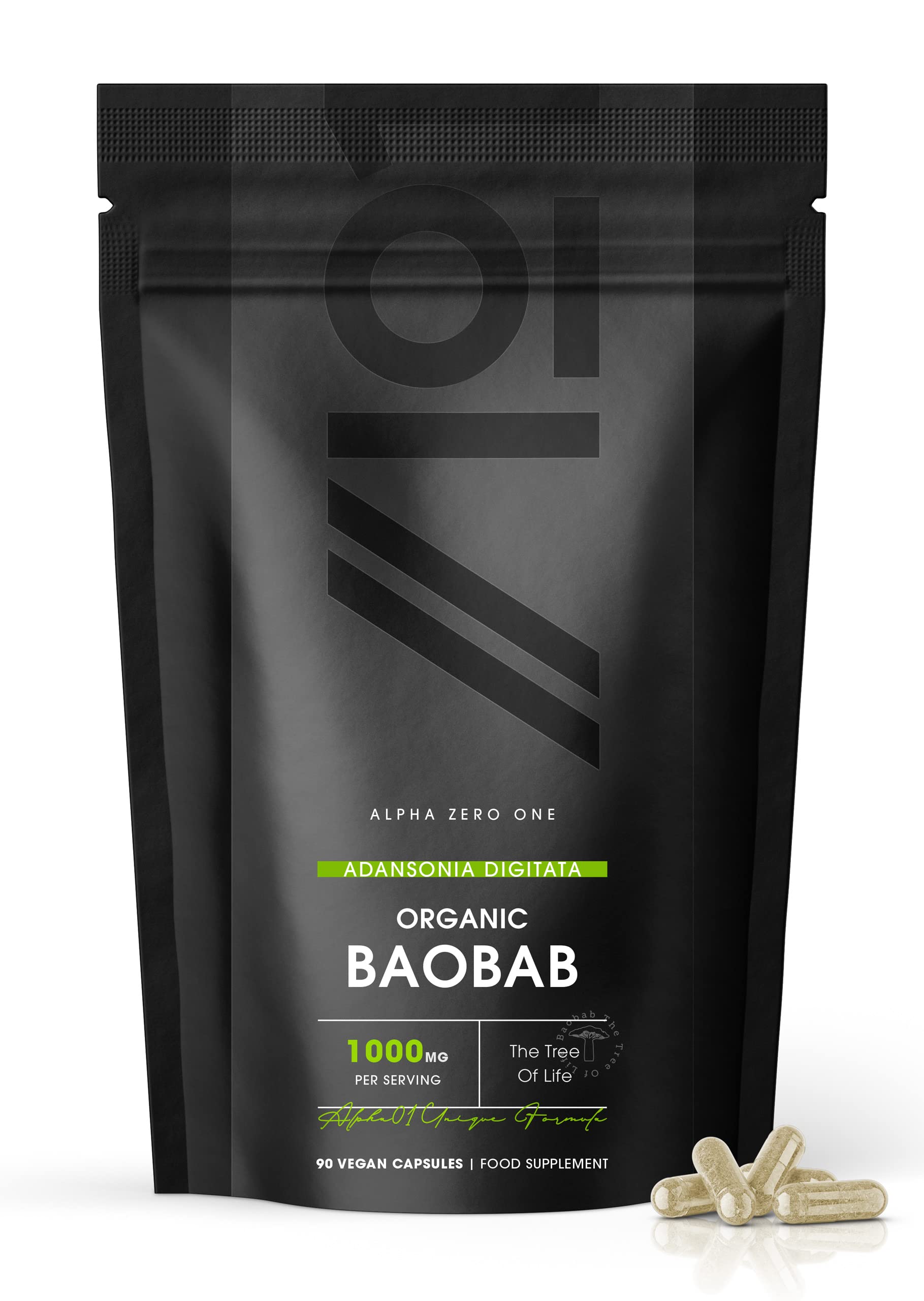 Organic Baobab 1000mg - High Strength Adansonia Digitata Fruit Powder - Sourced from The Tree of Life - Raw, Halal, 90 Vegan Capsules
