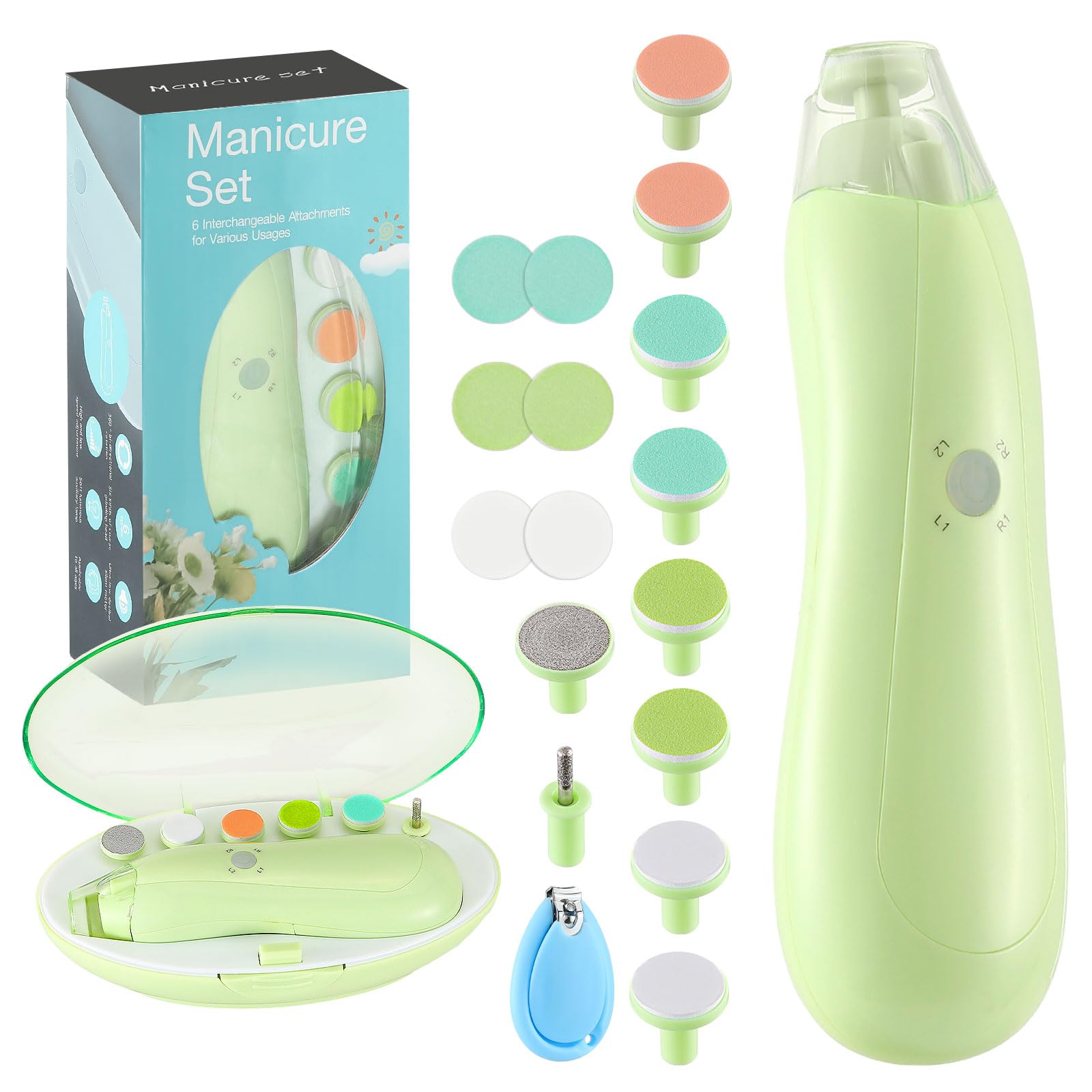 Zooawa Baby Nail Clipper 20 in 1, Electric Baby Nail Trimmer,Baby Nail File Kit with Extra 12 Replacement Pads,Trim Polish Grooming Kit for Infant Toddler or Adults Toes Fingernails Care,Avocado Green
