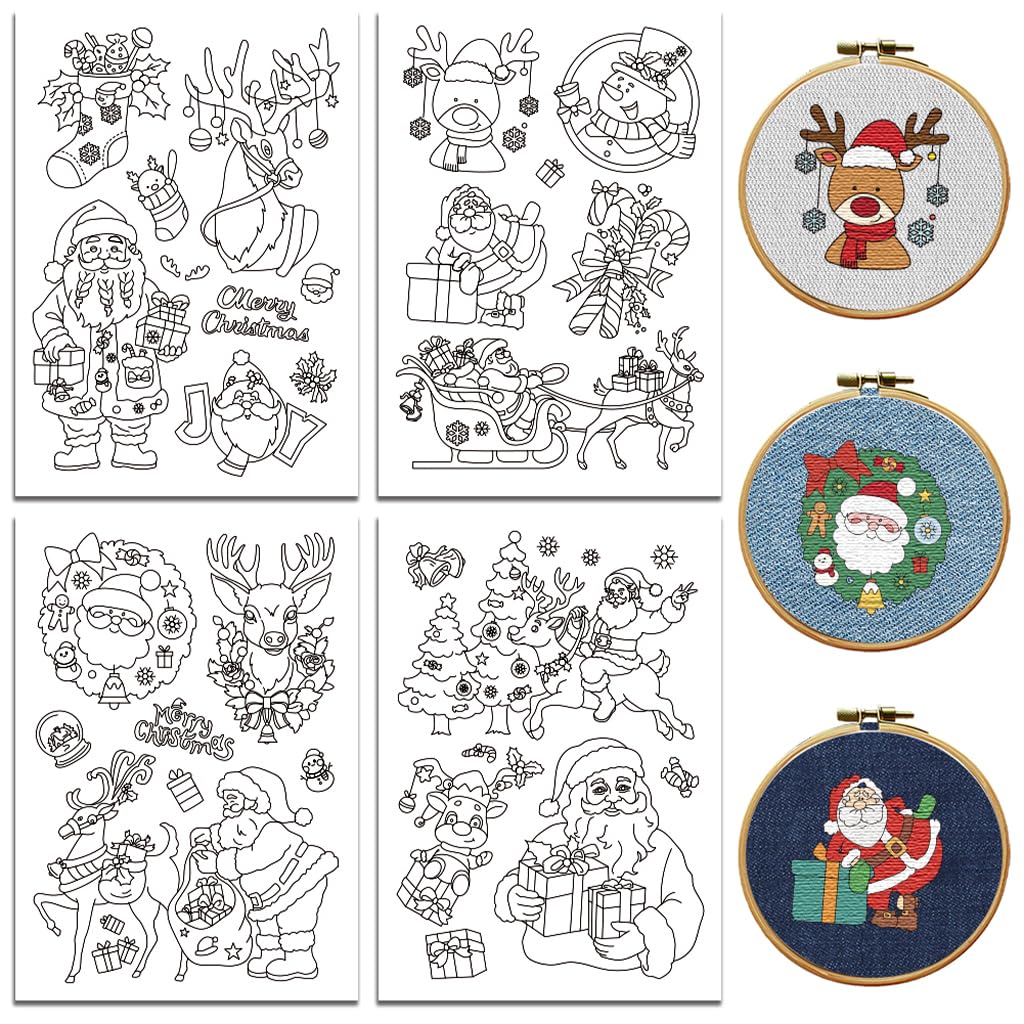 peacoblue Christmas Water Soluble Embroidery Patterns for Beginners 4 Sheets Santa and Reindeer with 27pcs Patterns, Wash Away Stick and Stitch Dissolvable Embroidery Paper for Hand Sewing Lovers
