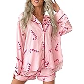 Faretumiya Women Christmas Pajamas Shorts Sets Xmas Printed Long Sleeve Button Shirt Lounge Set 2 Piece Santa Pjs Sleepwear