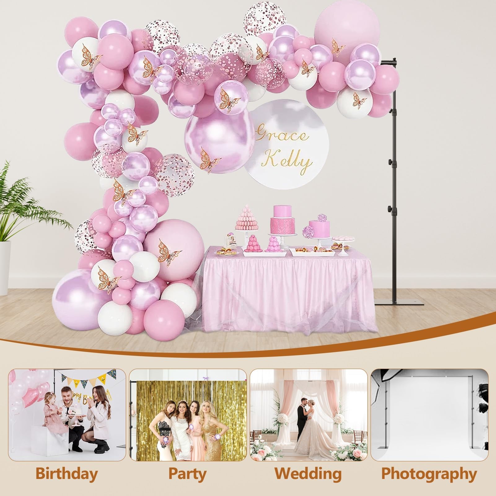 EMART Backdrop Stand, 8.5ft Height 10ft Width Adjustable Photography Background Support Poles with Heavy Duty Flat Base, Photo Metal Steel Pipe and Drape Frame Kit for Parties Birthday Wedding - Black