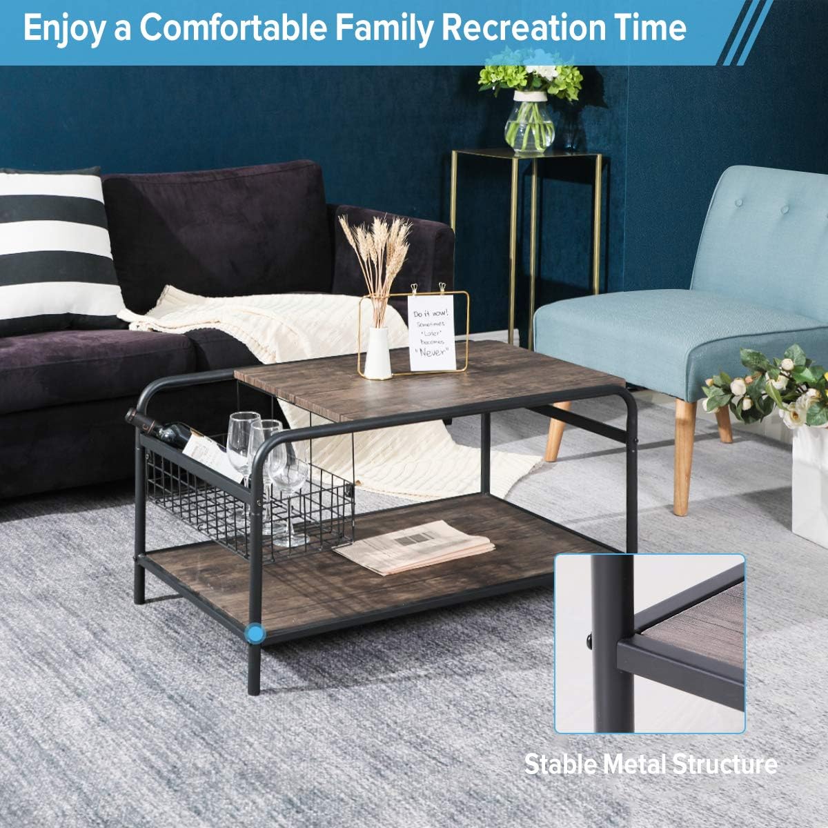 Rustic Coffee Tables with Storage Wood Living Room Tables Industrial Metal Shelf Modern Vintage Sofa Side Tables Cocktail Space Saving Organizer, Walnut Black: Kitchen & Dining