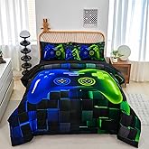 PERFEMET 6-Piece Game Twin Comforter Set for Kids Blue and Green Boys Gaming Bed in a Bag with Sheets Soft 3D Cool Fluffy Video Game Console Bedding Set for Girls Teen(Blue Green, Twin)