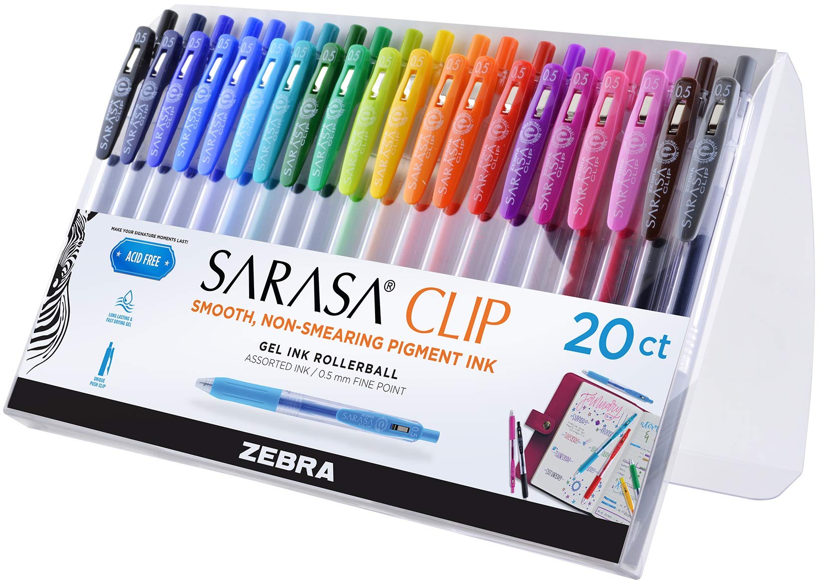 Zebra Pen Sarasa Clip Retractable Gel Pen, Fine Point, 0.5mm, Rainbow Assorted Colors, 20-Pack (47220)