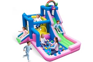 HEMOPOW Flamingo Bounce House for Kids – 10-in-1 Inflatable Castle with Double Slide, Ball Pit, Basketball Hoop, Climbing Wall & Sprinkler, Indoor/Outdoor Play, 480W Blower Included
