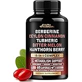 Berberine with Ceylon Cinnamon | Bitter Melon (Karela) | Apple Cider Vinegar | Hawthorn Berry | Citrus Bergamot | Turmeric - 15-in-1 Supplement for Heart Support, Metabolism & Energy - 60 Capsules