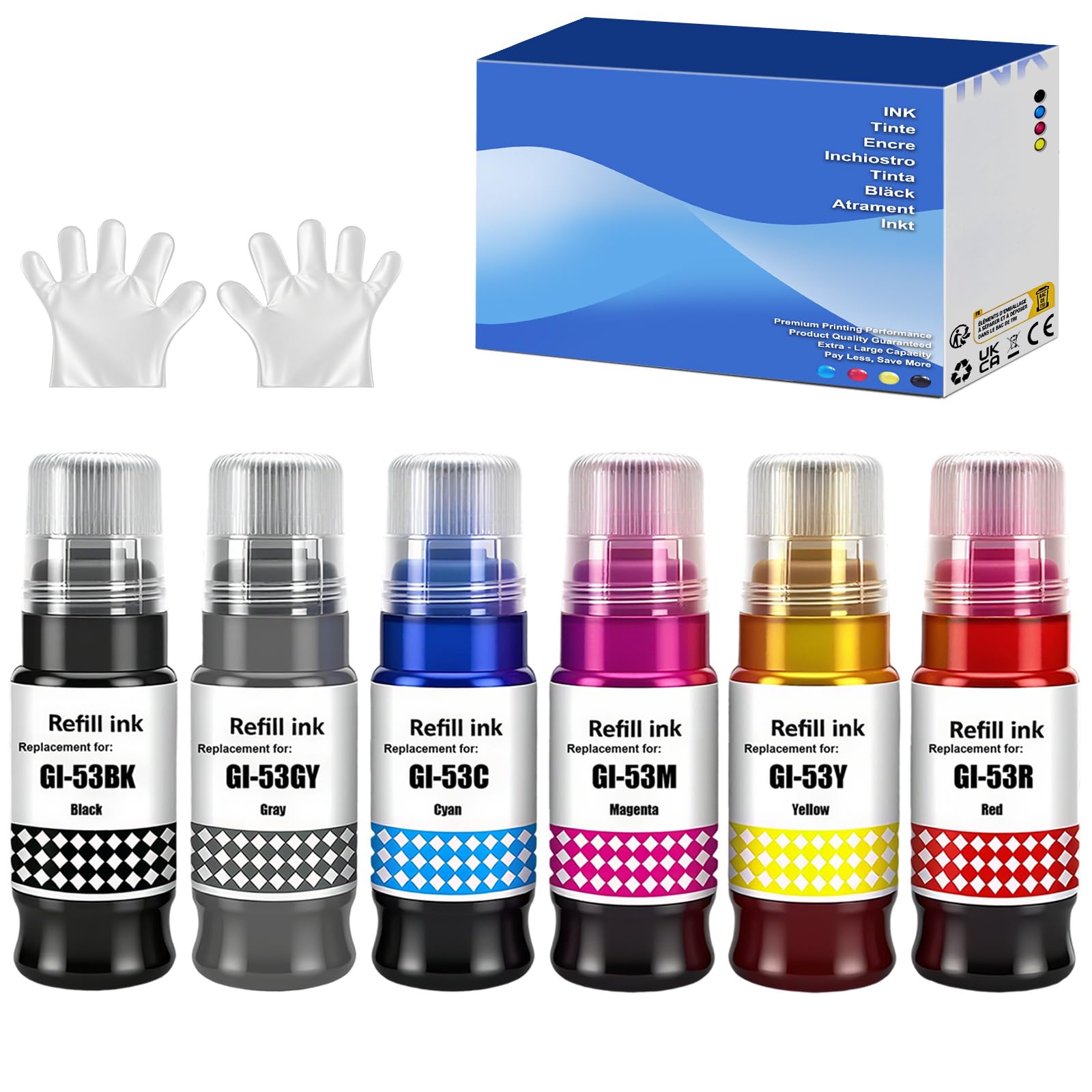 SHUOLEI GI53 GI-53 Ink Cartridges Compatible with Canon Pixma GI53 GI-53 Ink Bottle Multipack for Pixma G650 G550 (6-Pack, Black/Cyan/Magenta/Yellow/Red/Grey)