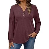 WYNNQUE Womens Plus Size Tops Long Sleeve Henley V Neck T Shirts Business Casual Fall Outfits Loose Fit Dressy Tunics Blouses