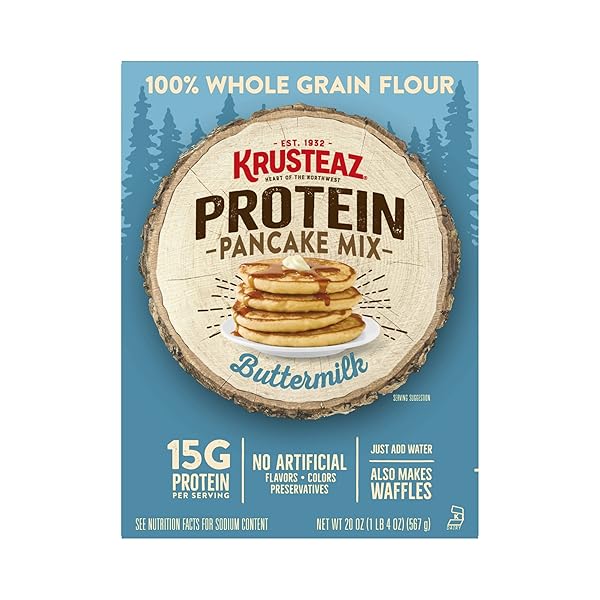 KRUSTEAZ PROTEIN PANCAKE MIX, BUTTERMILK PANCAKE MIX, 100% WHOLE GRAIN FLOUR & 15G OF PROTEIN PER SERVING, ALSO MAKES WAFFLES, JUST ADD WATER 20 OUNCE (PACK OF 2)