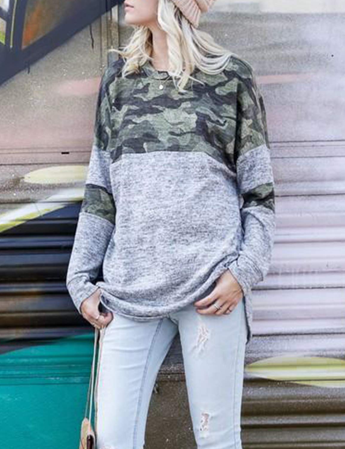 Blooming Jelly Women\'s Color Block Camo T Shirt Long Sleeve Crew Neck Casual Pullover Top (S, Camouflage)