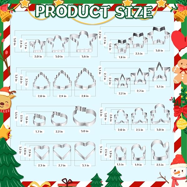 CHRISTMAS COOKIE CUTTERS SET – 24 PCS HOLIDAY COOKIE CUTTER WITH 8 SHAPES – GINGERBREAD MEN, CHRISTMAS TREE, SNOWFLAKE, APPLE, ANGEL, GLOVES, HEART AND STAR BISCUIT CUTTERS FOR WINTER HOLIDAY BAKING