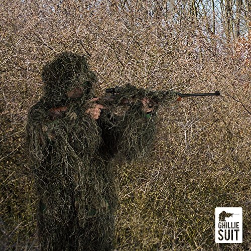 Full 7 Piece Ghillie Suit With Carrying Bag & Hunting Apron. 3D Woodland Camouflage Design is Lightweight and Breathable and Includes Face Veil and Rifle Wrap Cover. (Adult X-Large)