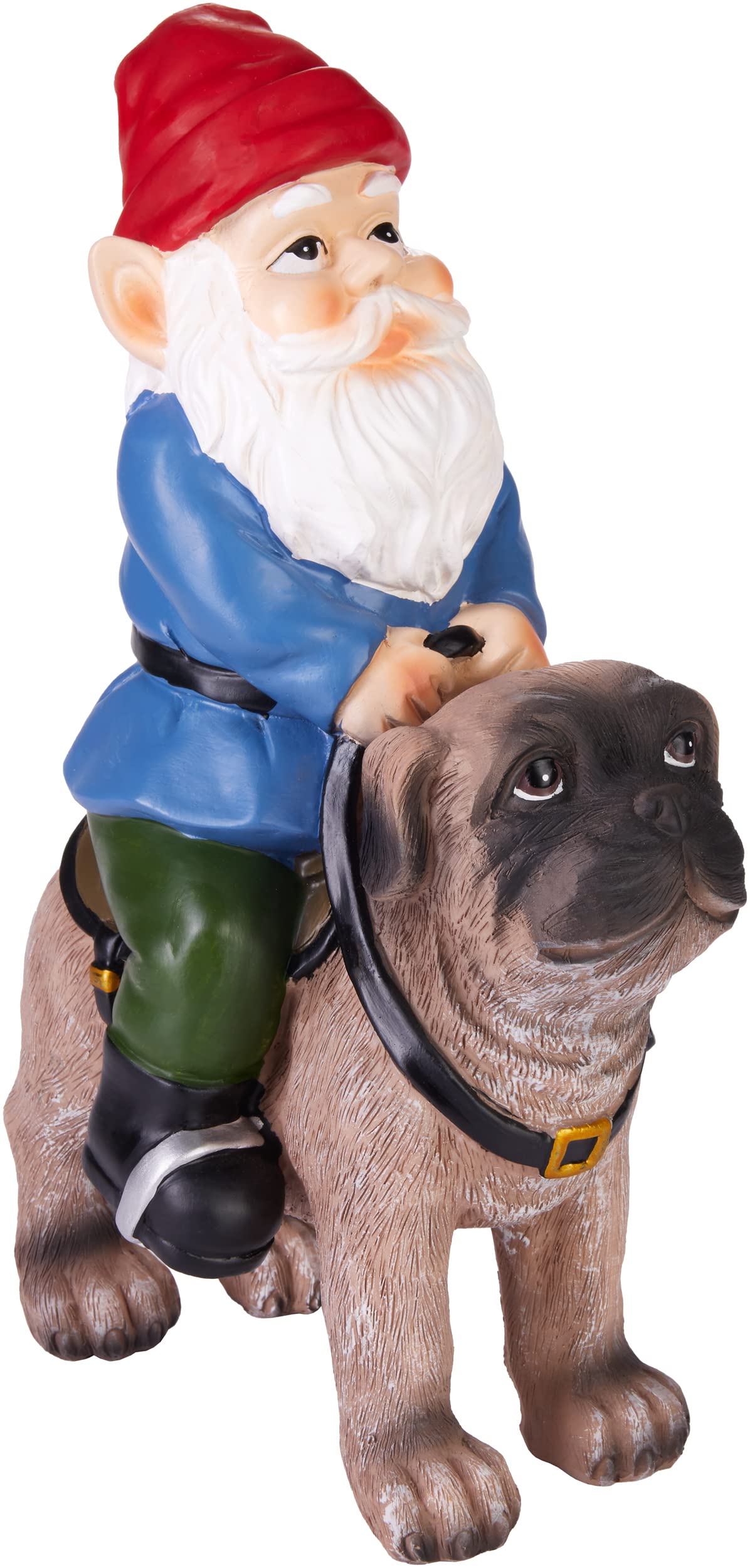 BRUBAKER Garden Gnome with Dog - Gnome in Saddle Riding a Pug - Funny Garden Ornaments - Waterproof Decoration for Garden Camping and Dog Owner - Outdoor Garden Decoration - 10.24 inches