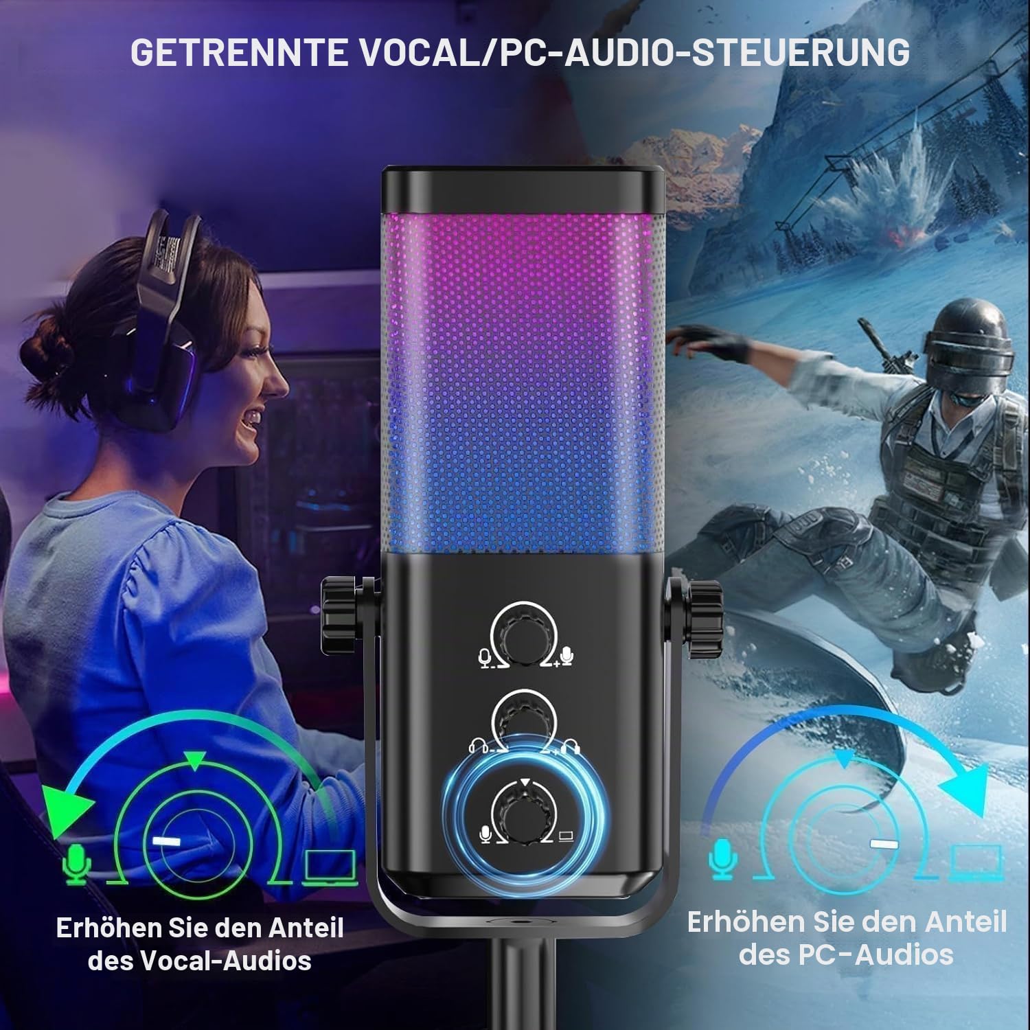socodox Gaming Mikrofon USB Kondensator Mikrofon mit Game Chat Balance/Noise Cancelling, Microphone für PC Handy PS4 PS5 Mac für Streaming Podcast Studio Aufnahmen ASMR mit RGB/Stumm/Gain/Monitoring 3