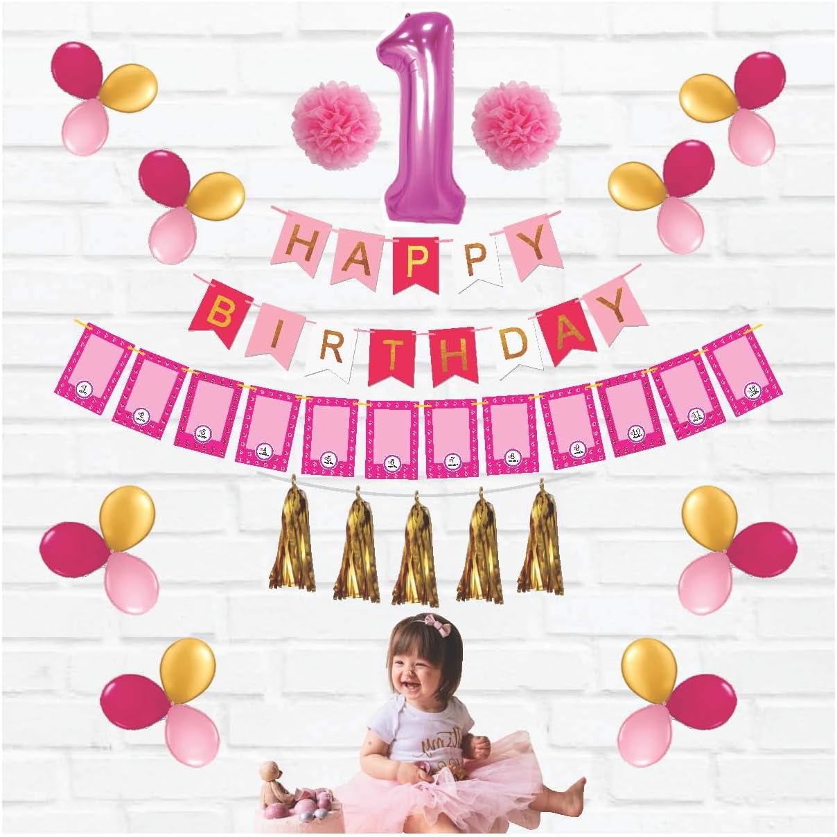 Mahogany Life First Birthday Decorations Items for Girls - Month Photo Frame Banner, no 1 Foil Balloon, Happy Birthday Banner, 24 Metallic Balloons, Paper Flowers Materials, Tassel Garland (Pink)