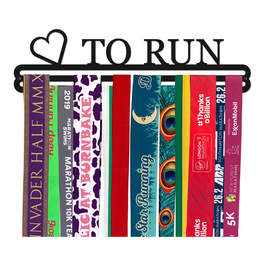 Medal Hanger Display | LOVE TO RUN | Black Metal Double Bar | Wall Mounted Running Medal Ribbon Holder | Made in Britain | The Medal Hanger Shop