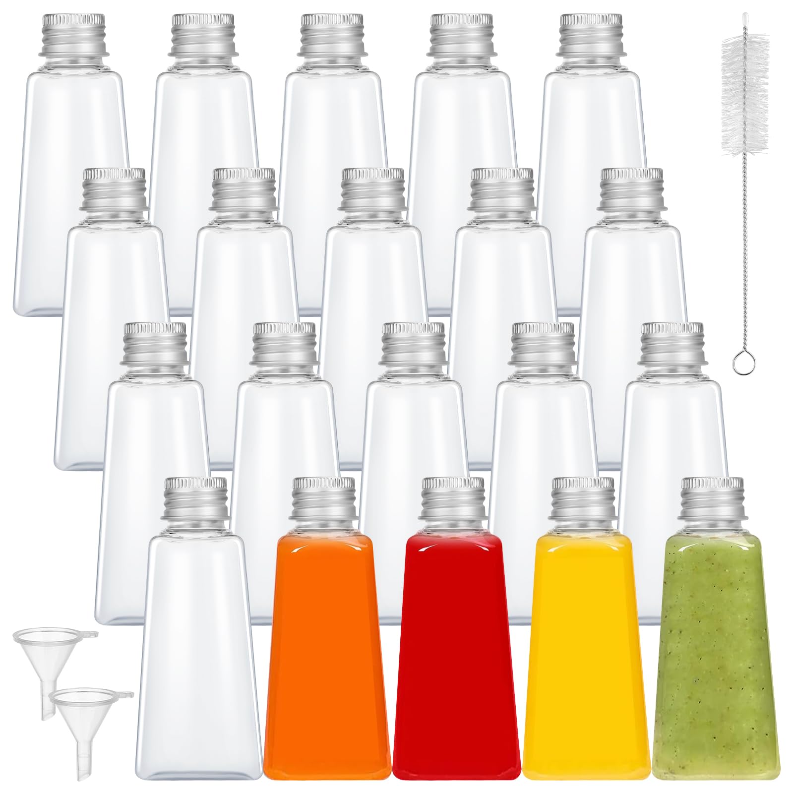 Zuimei 20 Pack 2oz/60ml Mini Shot Bottles with Lids Plastic Ginger Shot Bottles Mini Alcohol Bottles Reusable Empty Juice Bottles with Funnel and Brush for Juice Ginger Beer