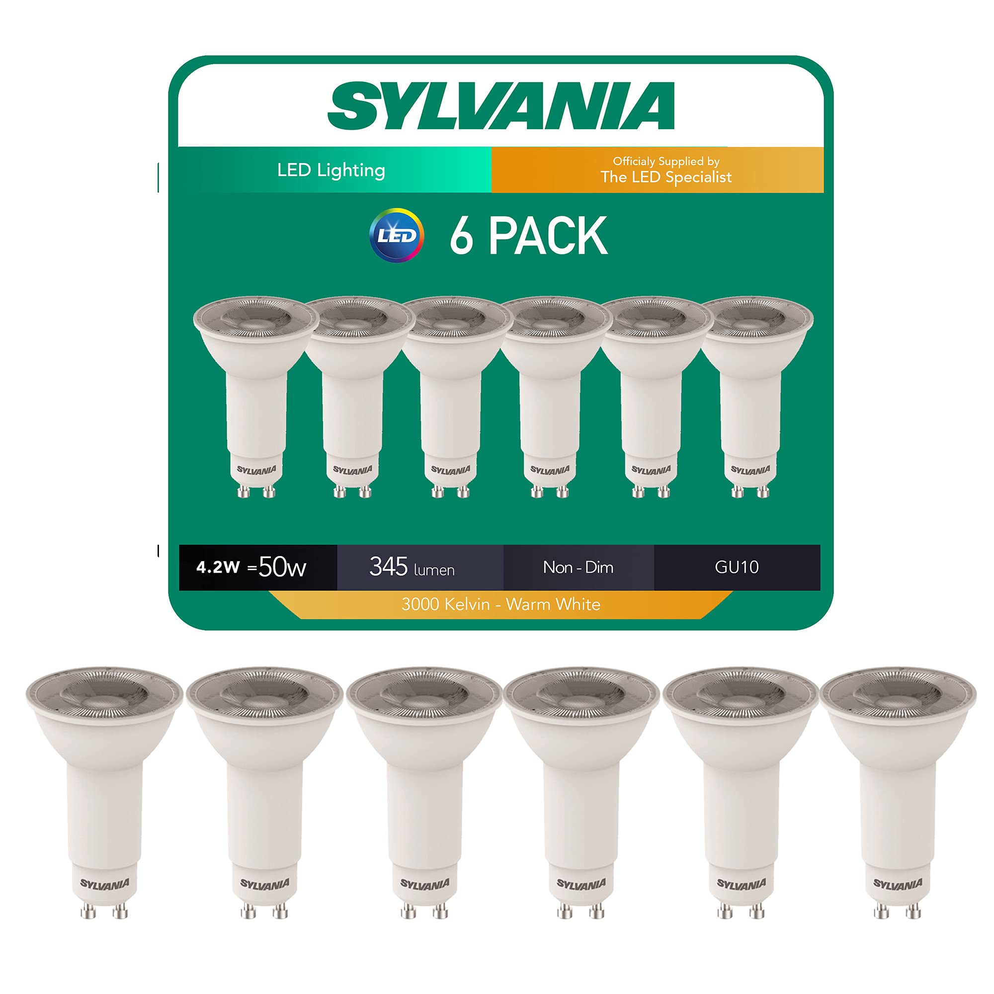 SYLVANIA 6 X 0026585 Long Neck LED Light Bulb Gu10 36° 3000k Warm White - 4.2 Watt