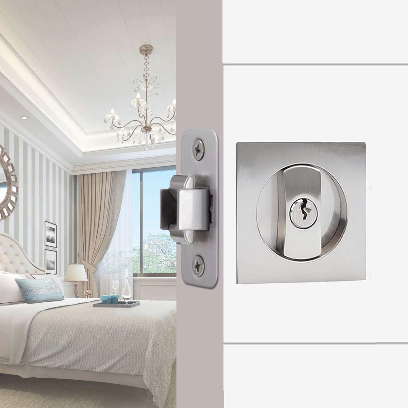 betensh Betensh Square Sliding Door Lock Invisible Recessed 2 Sided Door Lock Mortise Keyed Pocket Door Lock with Edge Pull Privacy Pocket Door Handle 66 mm Silver