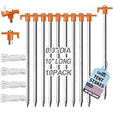 Eurmax USA 10-Pack Secure Protection Galvanized Tent Stakes,Rust-Proof Steel Canopy Anchors for High Winds,Heavy Duty Commercial Ground Pegs for Camping,Pop Up Tents&amp;Gazebos - Includes 4x10ft Ropes