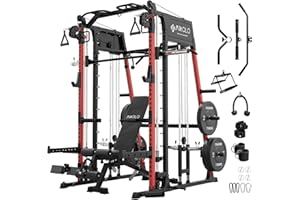 Mikolo Smith Machine, 2200lbs Squat Rack with LAT-Pull Down System & Cable Crossover Machine, Training Equipment with Leg Hold-Down Attachment
