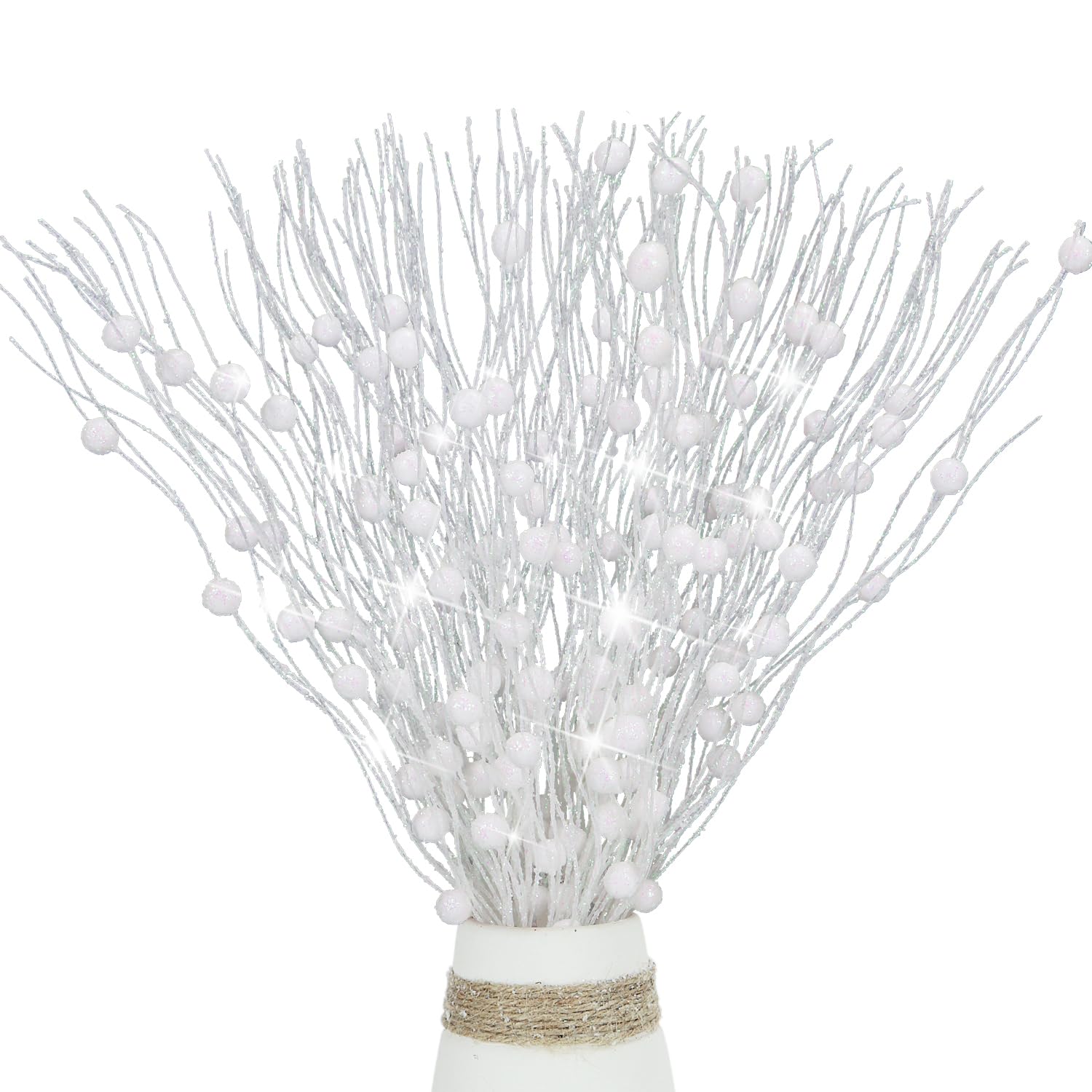 Photo 1 of 10 Pcs Artificial Glitter Berry Stems for Christmas Tree Picks Curly Sprays Faux Glitter Berry Branches Christmas Tree Twigs Filler Decorations Festival Wreath Supplies Table Centerpiece (White, 10)