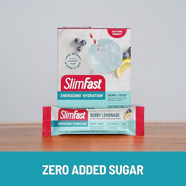 SLIMFAST HYDRATION PACKETS, INTERMITTENT FASTING ELECTROLYTES, DRINK MIX PACKETS, INTERMITTENT FASTING POWDER, ENERGY POWDER DRINK MIX, CAFFEINE, ELECTROLYTES FOR HYDRATION, BERRY LEMONADE (12 COUNT)