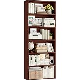 FOTOSOK 6 Tier Tall Bookshelf and Bookcase with Open Display Shelves,Cherry | Industrial Tall Bookcases with Storage, Freestanding Book Shelf for Home Office, School Library , Living Room, Narrow Space