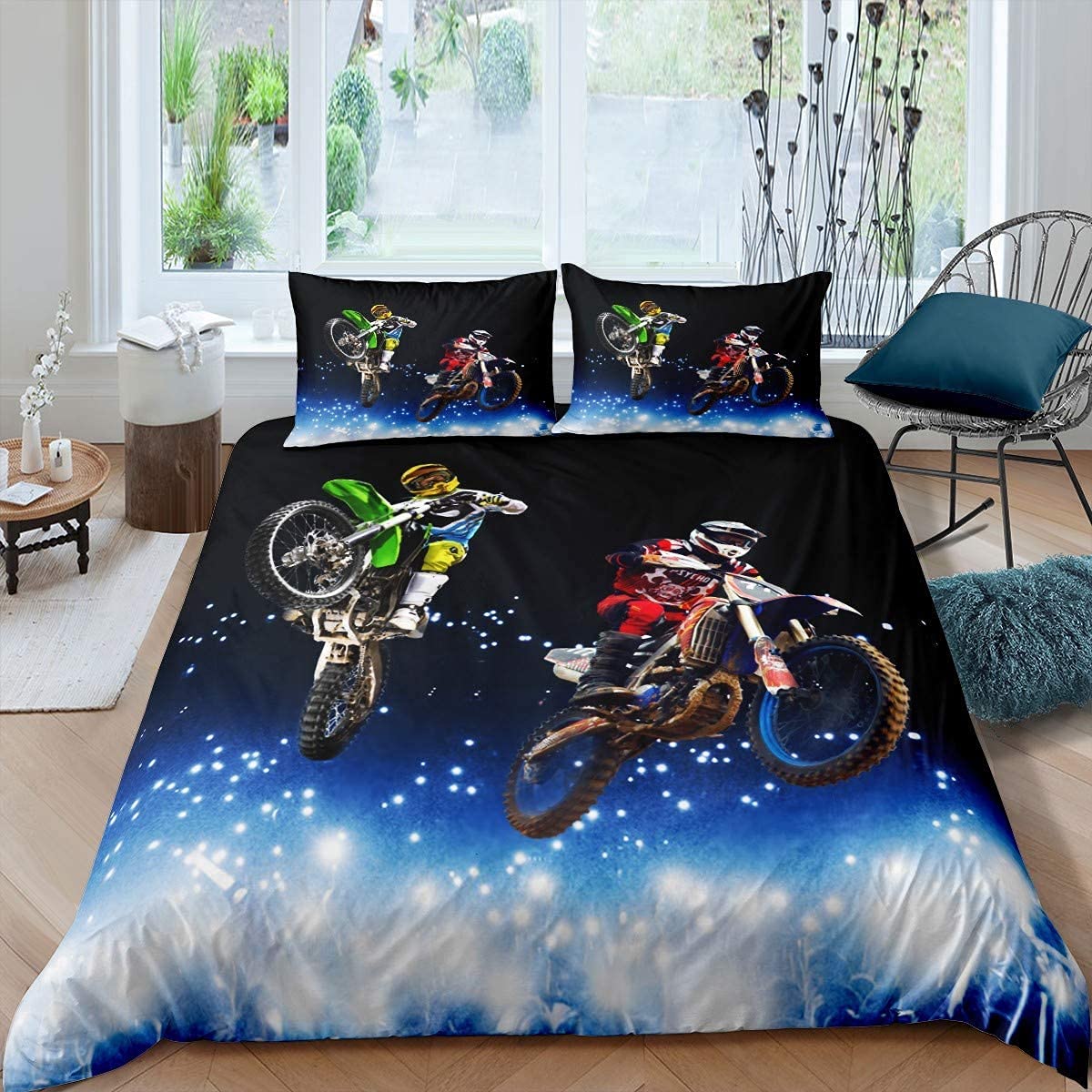 Homemissing Motocross Rider Bedding Set for Kids Boys Teens Extreme Sports Comforter Cover Motorcycle Competitive Games Duvet Cover Dirt Bike Motorbike Bedspread Single 2Pcs