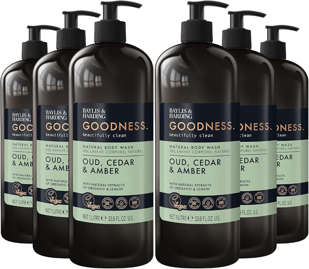 Baylis & Harding Oud Cedar Amber Body Wash 1 Litre Pack of 6 Vegan Friendly