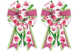 Threetols 2 Pack Floral Wreath Bows, Pink Tulip Bows for Wreath Colorful Flower Decoration Bows for Indoor Outdoor Home Garden Party DIY Craft Wreath Bow Decor