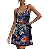RoseSeek Women's Tropical Print Cami Dress Sleeveless Wrap V Neck Tie Knot Boho Short Dresses