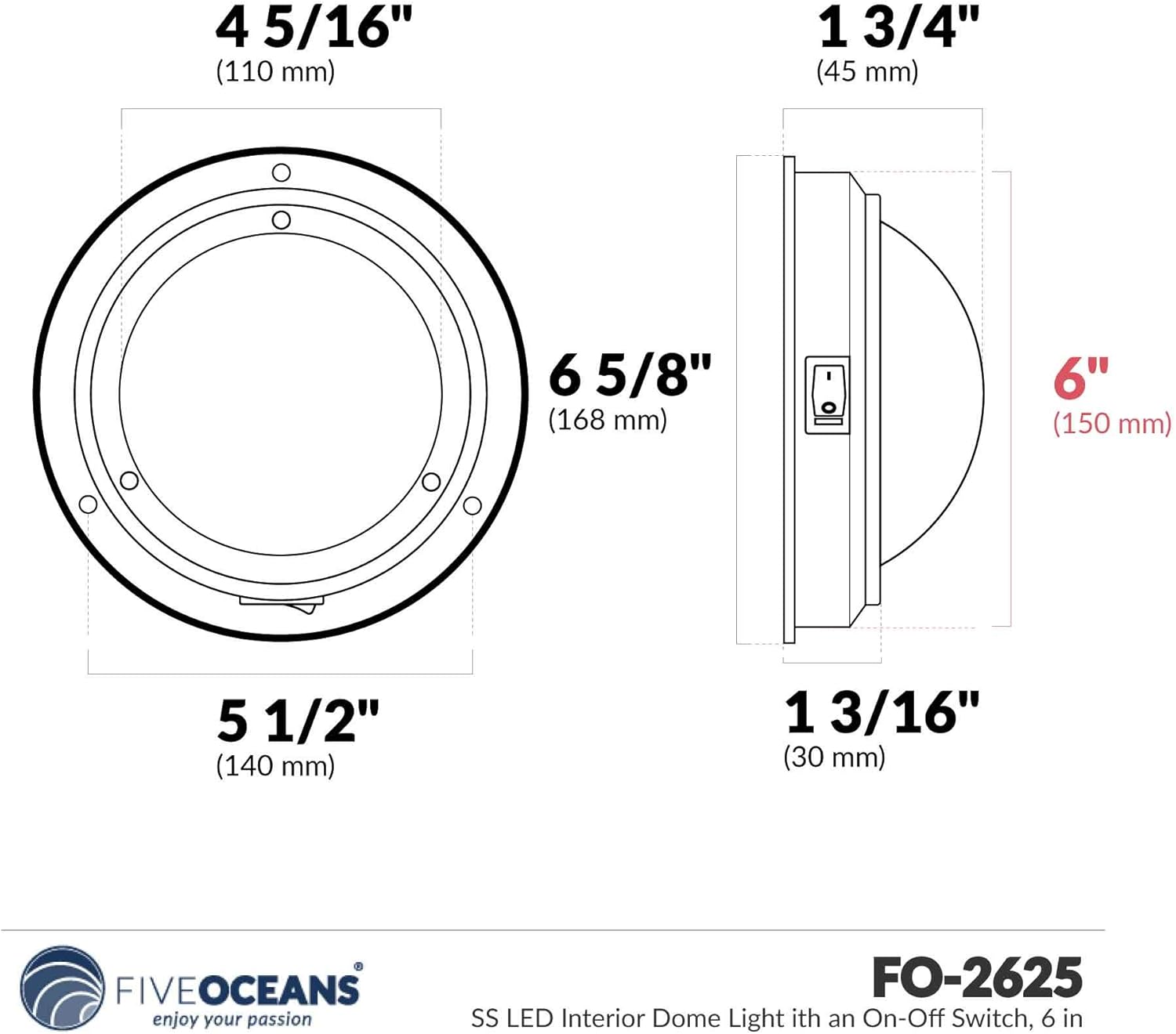 Five Oceans Marine, Boat, RV, Motorhome, Camper, Caravan, Trailer, Cool White LED Dome Light with ON-Off Switch, Polished Stainless Steel, 20 LED Pieces, FO-2625 : Boating Interior Lights : Sports & Outdoors