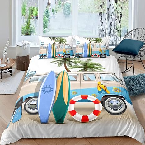Amazon Com Erosebridal Surf Duvet Cover Beach Printed Hawaii Vacation Theme Bedding Set For Adult Women Girls Family Tropical Botanical Fish Printed Coconut Tree Decor Comforter Cover With Zipper Ties Queen Home