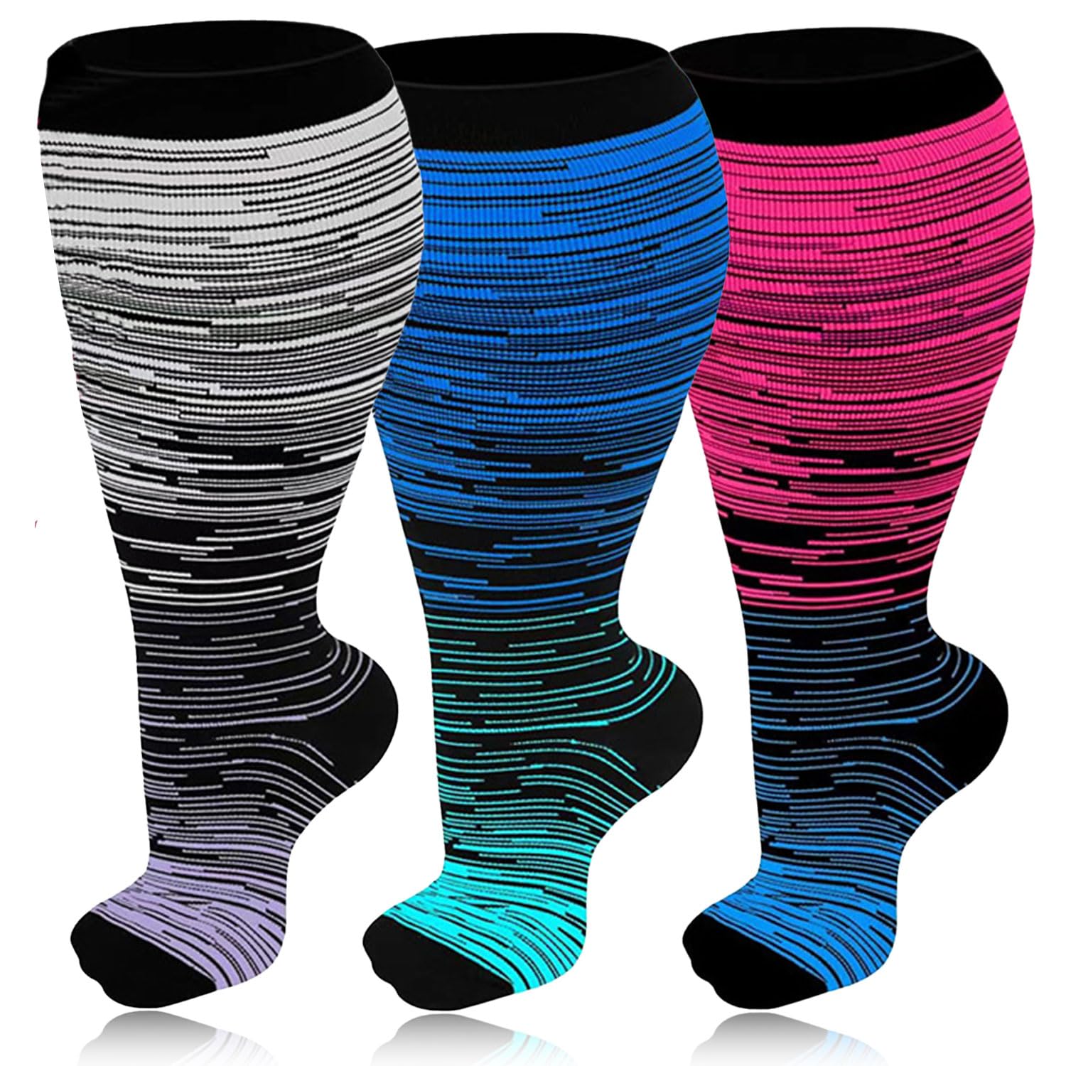 3 Pairs Plus Size Compression Socks for Women & Men, 20-30 mmHg Wide Calf Extra Large Knee High Flight Socks Compression Stockings for Circulation Support