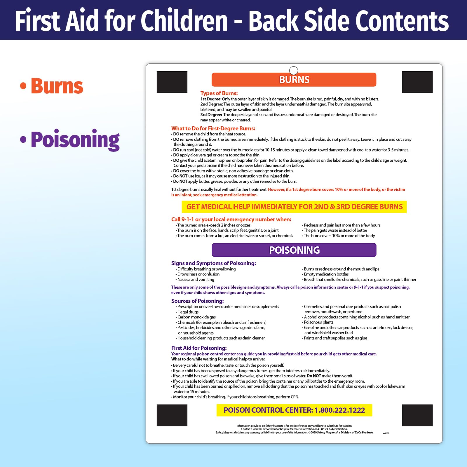 Infant, Child First Aid Magnet - CPR, Choking, Poison Control, Burns, Dental Emergency Instructions - Laminated Quick Reference Card, 8.5