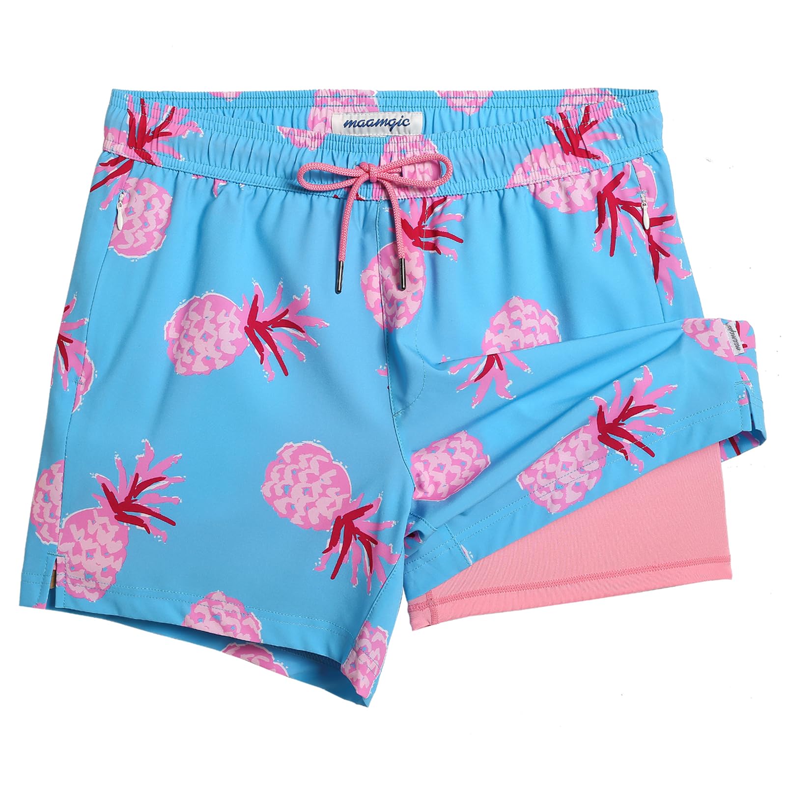 maamgic Mens Swim Trunks with Compression Liner 5 Inch, Quick Dry Bathing Suit with Zipper Pockets, Stretch No-Chafing Swim Shorts, Blue-Pink Pineapple XX-Large Image